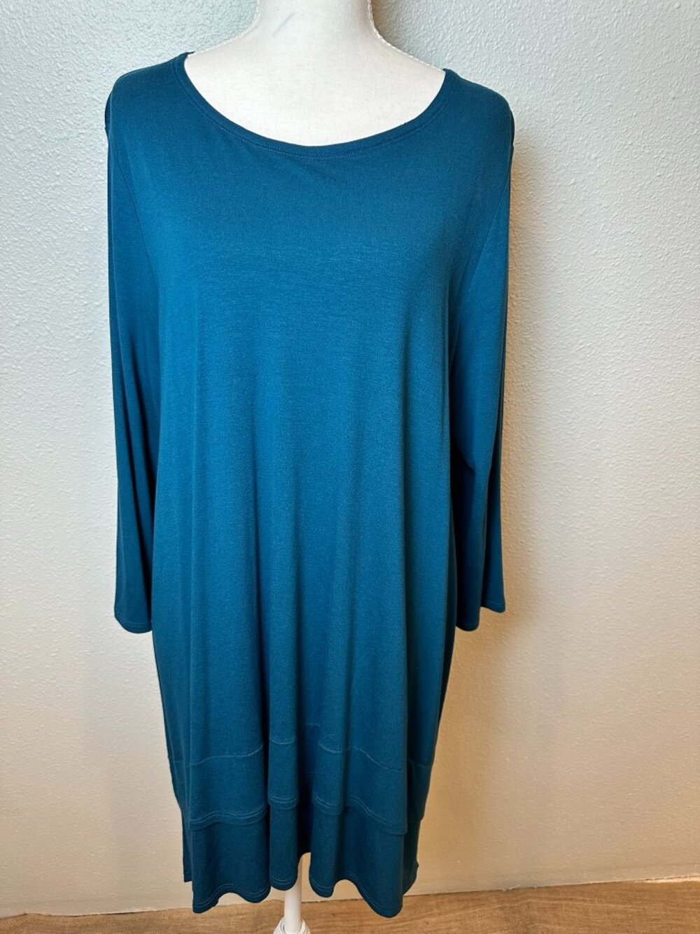 Eileen Fisher Tunic Shirt Womens Large Teal Layered Asymmetrical Hem 3/4 Sleeve